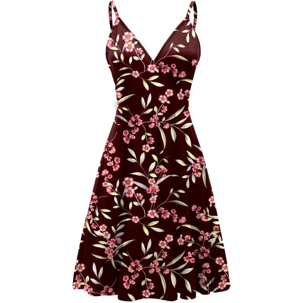 Women's Floral Claret V Neck Spaghetti Strap Flowy Mini Dress with Pockets